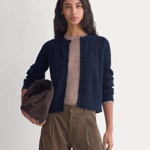 Ribbed Cropped Cardigan in Alpaca |  Navy